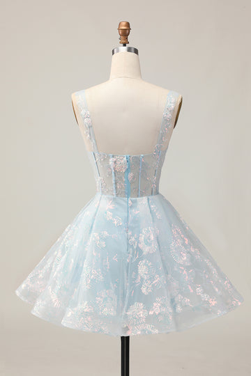 Sparkly Light Blue A Line Spaghetti Straps Corset Long Homecoming Dress